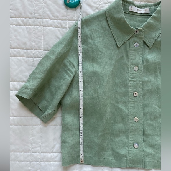 Mango Short Sleeve Linen Button Green Shirt - Picture 9 of 10